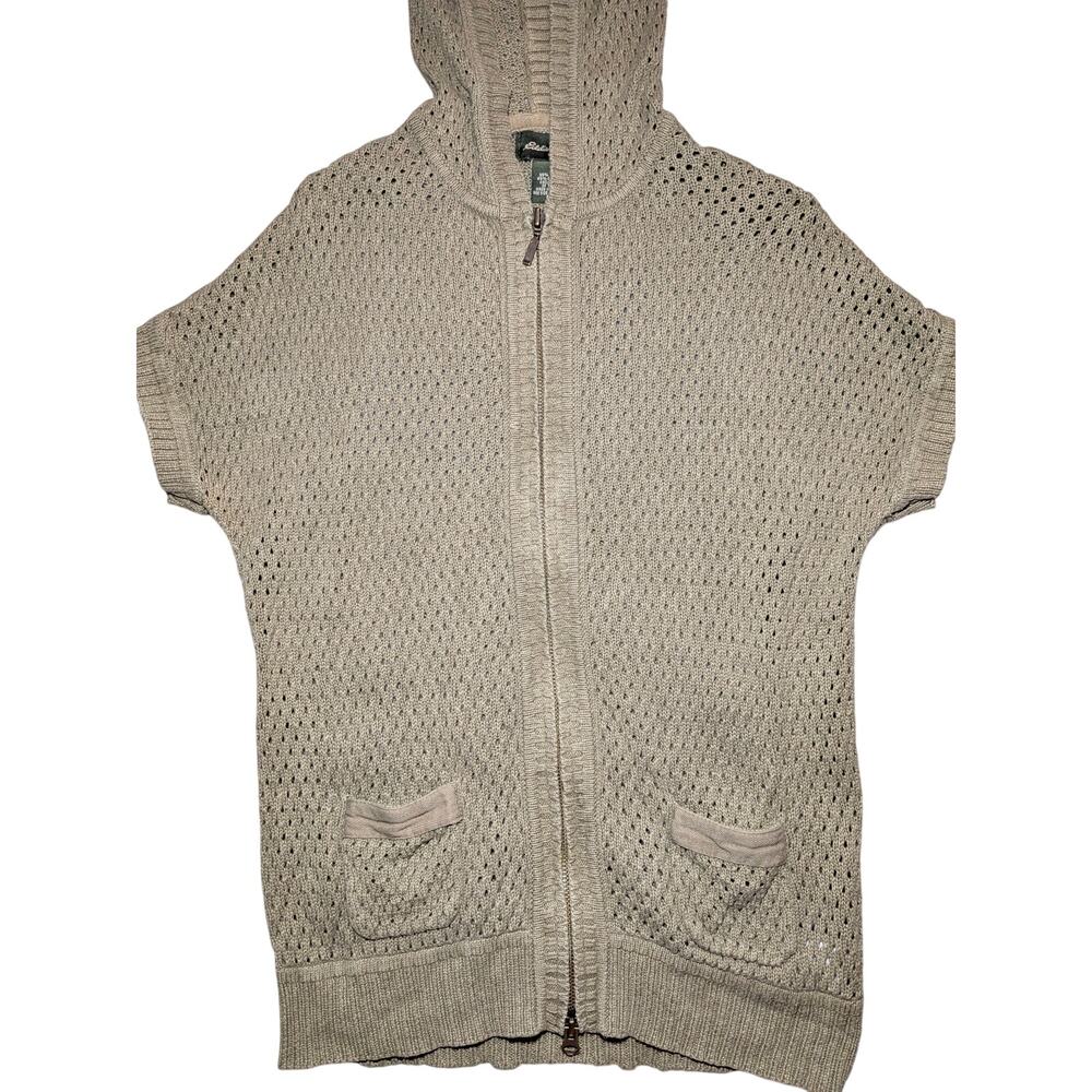 Vintage Eddie Bauer Women’s M Hooded Open Knit Zip Front Sweater Vest Cardigan - Picture 4 of 11